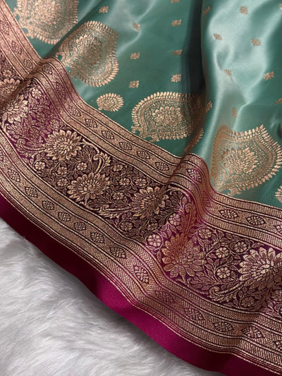 Sea Green with wine Booti Satin Katan Silk saree SK29