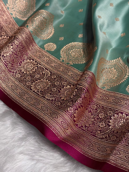 Sea Green with Rani Booti Satin Katan Silk saree SK29