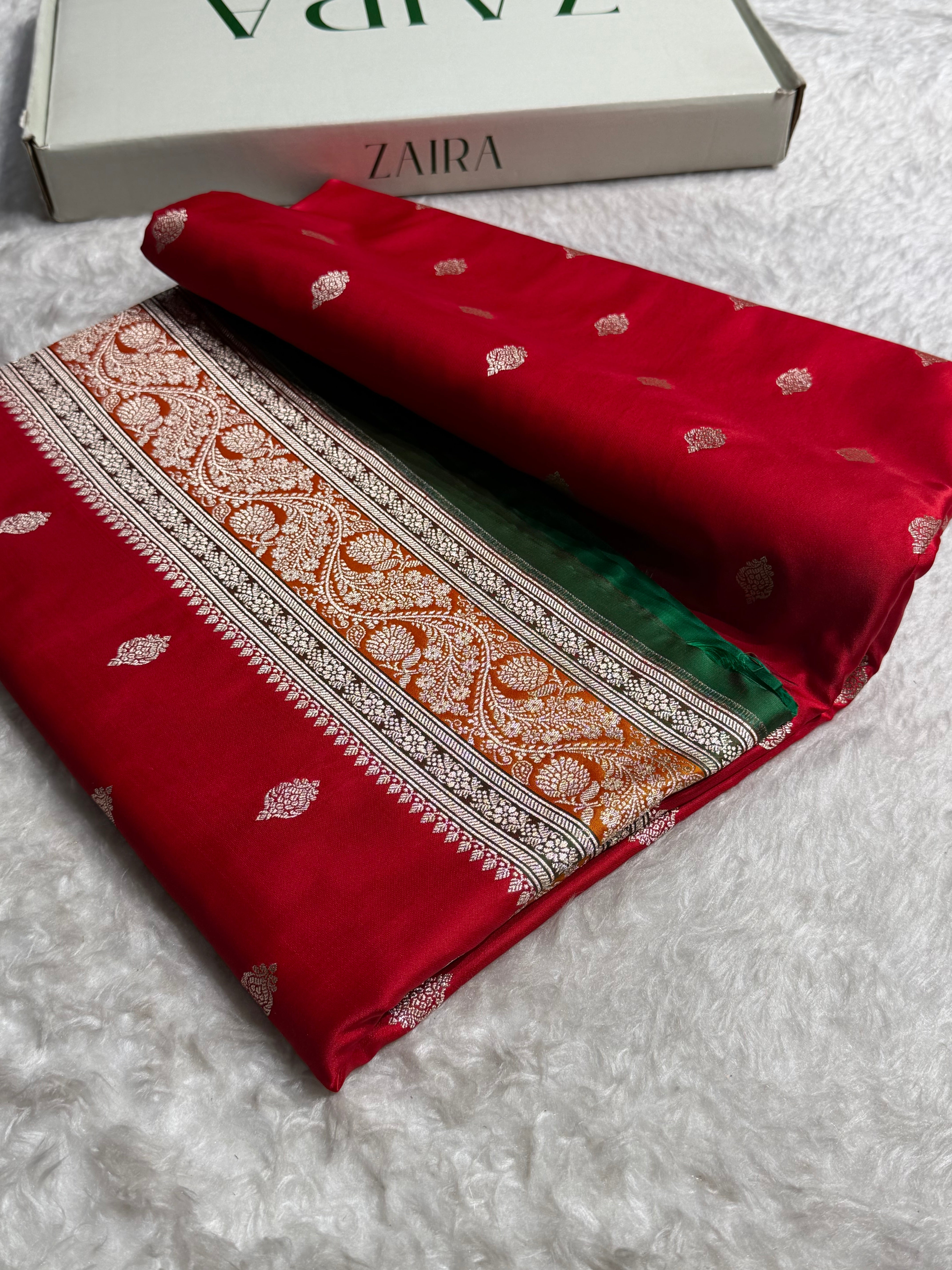 Banarasi Cross Red With Contrast Mustard Floral Border Mashru Silk Saree MSM-101