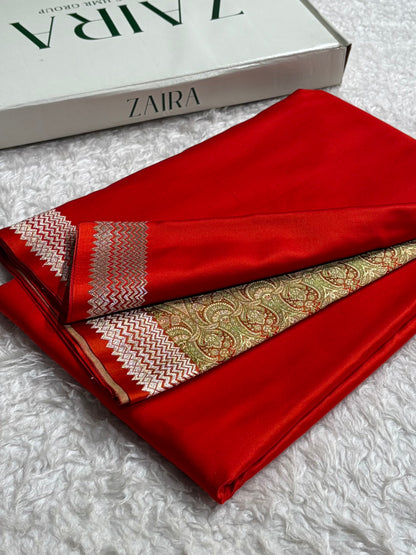 Premium Banarasi Satin Katan Saree Plain With Tanchoi Blouse in Orange Shades SK129
