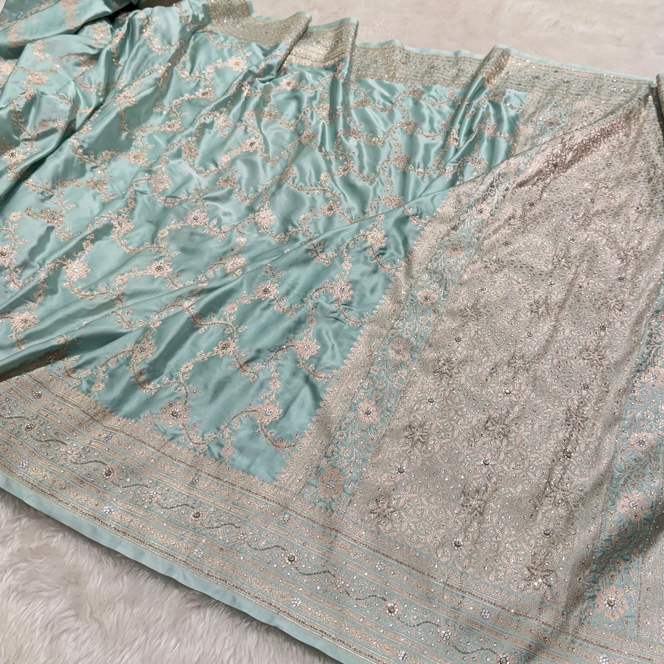 Powder Blue Mashru Silk Saree with Ari and Stone