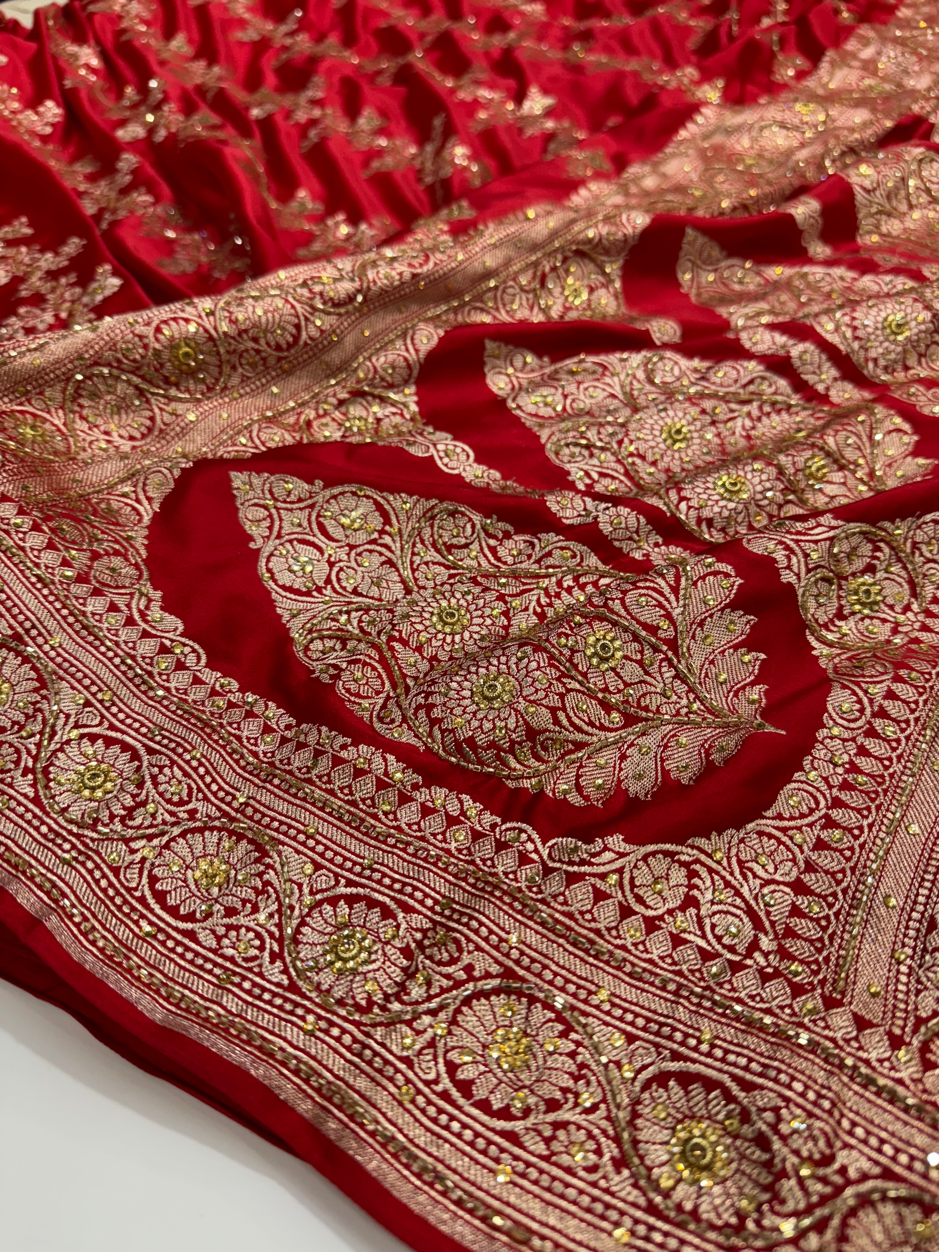 Bridal Red Mashru Silk with Ari and Stone