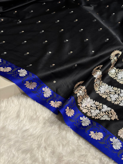 Black With Royal Blue Floral Boota With Floral Border Mashru Silk Saree MSM-78