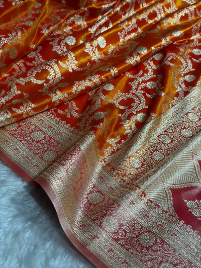 Fire Gold Contrast Shades Jaal Pattern Banarasi Satin Silk Saree SS47