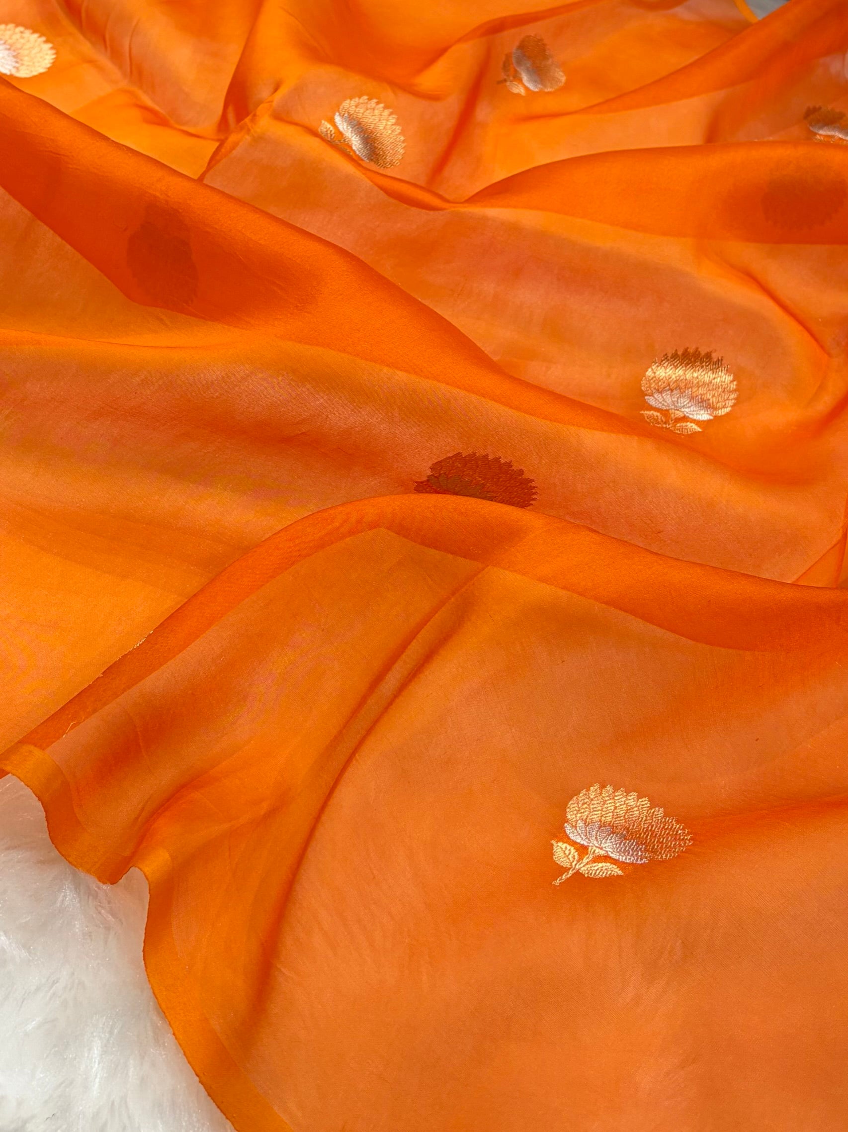 Pure Banarasi Organza Orange Shades With Minakari Floral Banarasi Silk Saree PO-23