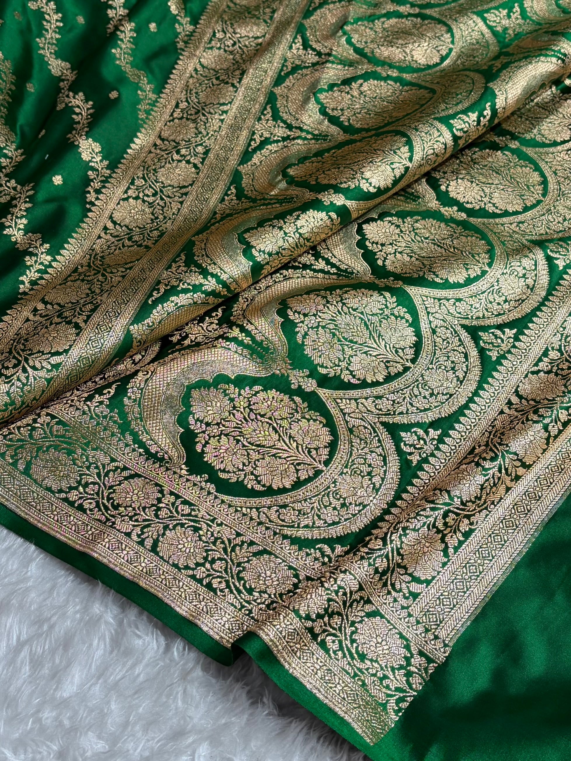 Banarasi Satin Katan Saree With Boota in Bottle Green Shades SK108