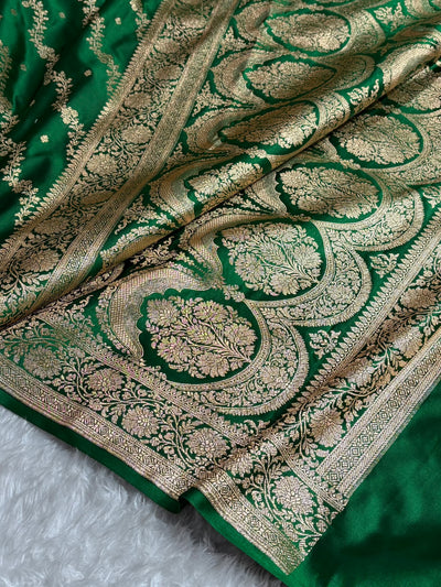Banarasi Satin Katan Saree With Boota in Bottle Green Shades SK108
