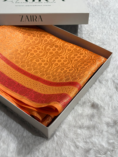 Banarasi Orange Shade Flower Minakari Brocade Pure Caramel Mango Silk Saree CS-22