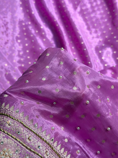 Lavender Shades Border Crepe Silky Katan With Ari Zardozi & Gotta Patti Work  Banarasi Saree BCSKGP-06
