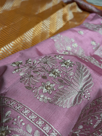 Banarasi Pure Organza Contrast Rust With Baby Shades Banarasi Silk Saree PO-42