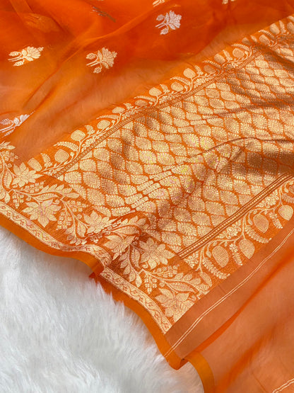 Pure Banarasi Organza Orange Shades Floral Banarasi Silk Saree PO-25