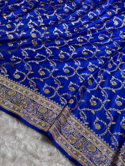 Royal Blue Shades Floral With Zardozi Work In Jaal Pattern Satin Katan Silk saree BSK55