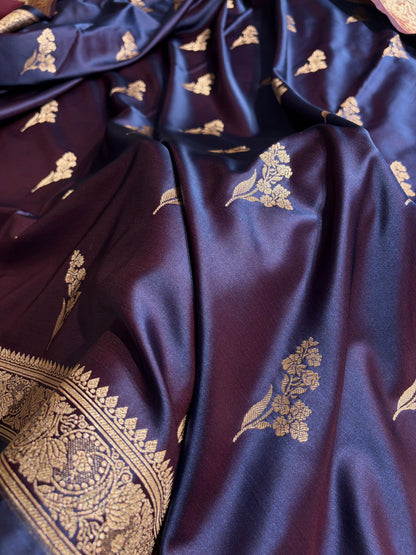 Cross Navy Boota With Floral Border Mashru Silk Saree MSM-97