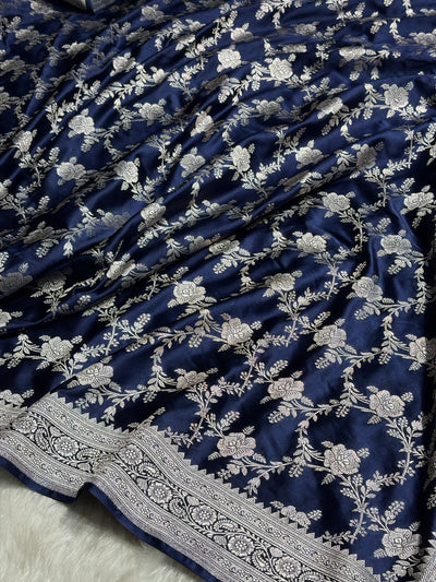 Navy Blue Floral Jaal Mashru Silk Saree  MCS28