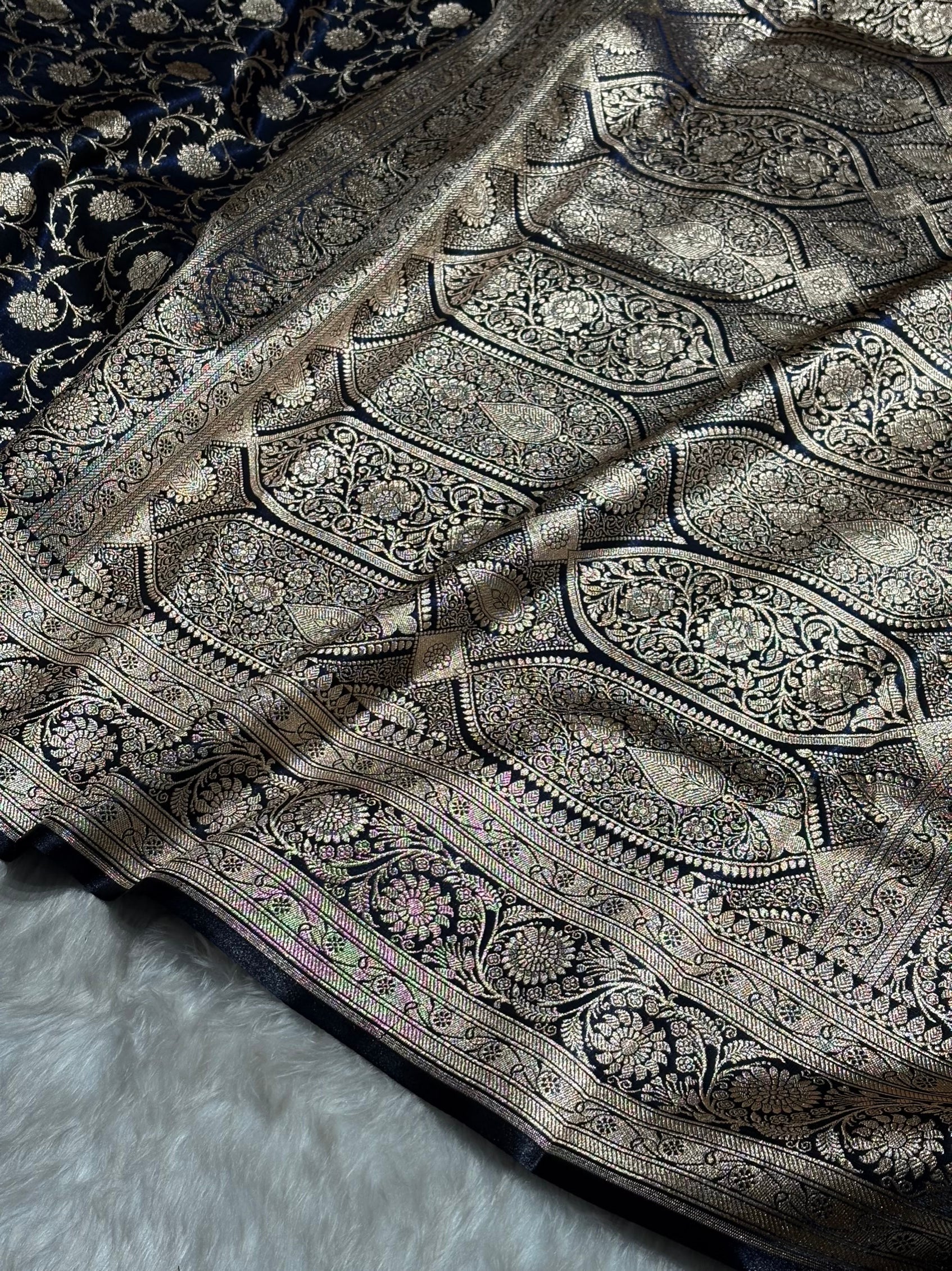 Ultra Light Weight Satin Silk Jaal in Dark Navy Blue Shades SS13