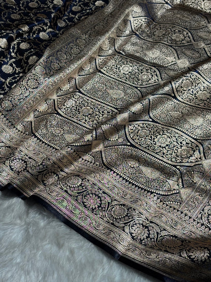 Ultra Light Weight Satin Silk Jaal in Dark Navy Blue Shades SS13