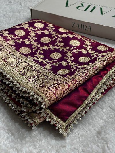 Banarasi Reddish Purple Satin Silk Saree with Gota Patti SSGP15