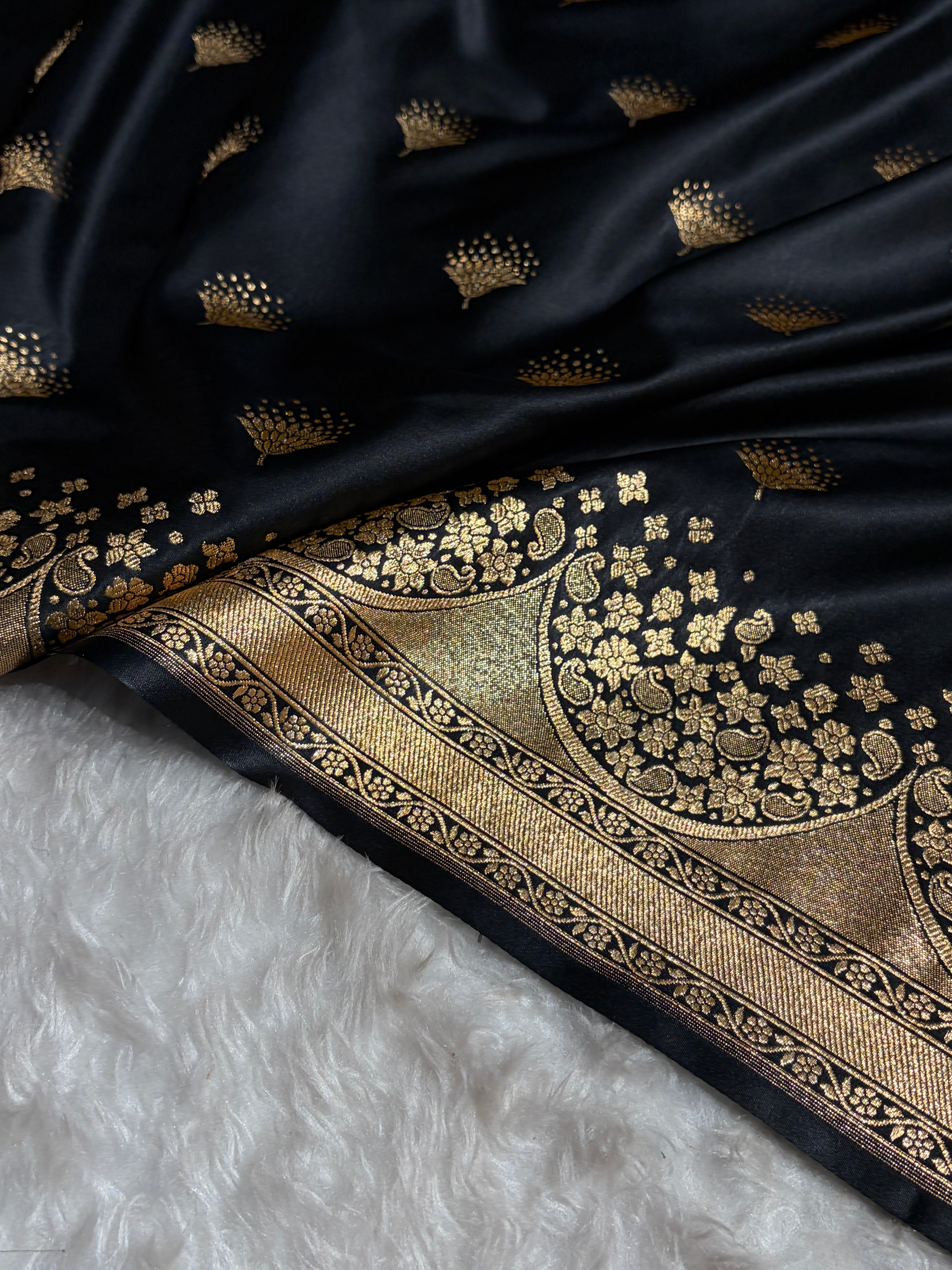 Black Floral Banasari Pattern Satin Katan Silk Saree SK83