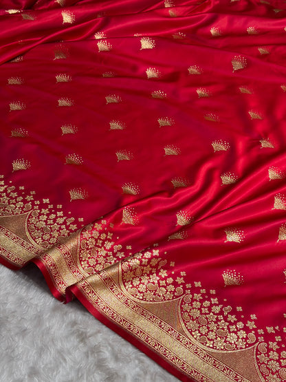 Cross Red Floral Banasari Pattern Satin Katan Silk Saree SK83