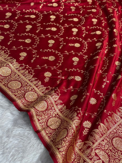 Maroon Shades Jaal Floral Pattern Satin Katan Silk Saree SK81