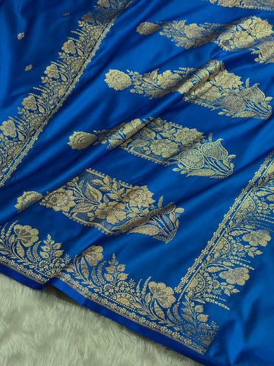 Banarasi Satin Katan Saree Floral Border Pattern in Blue Shades SK143