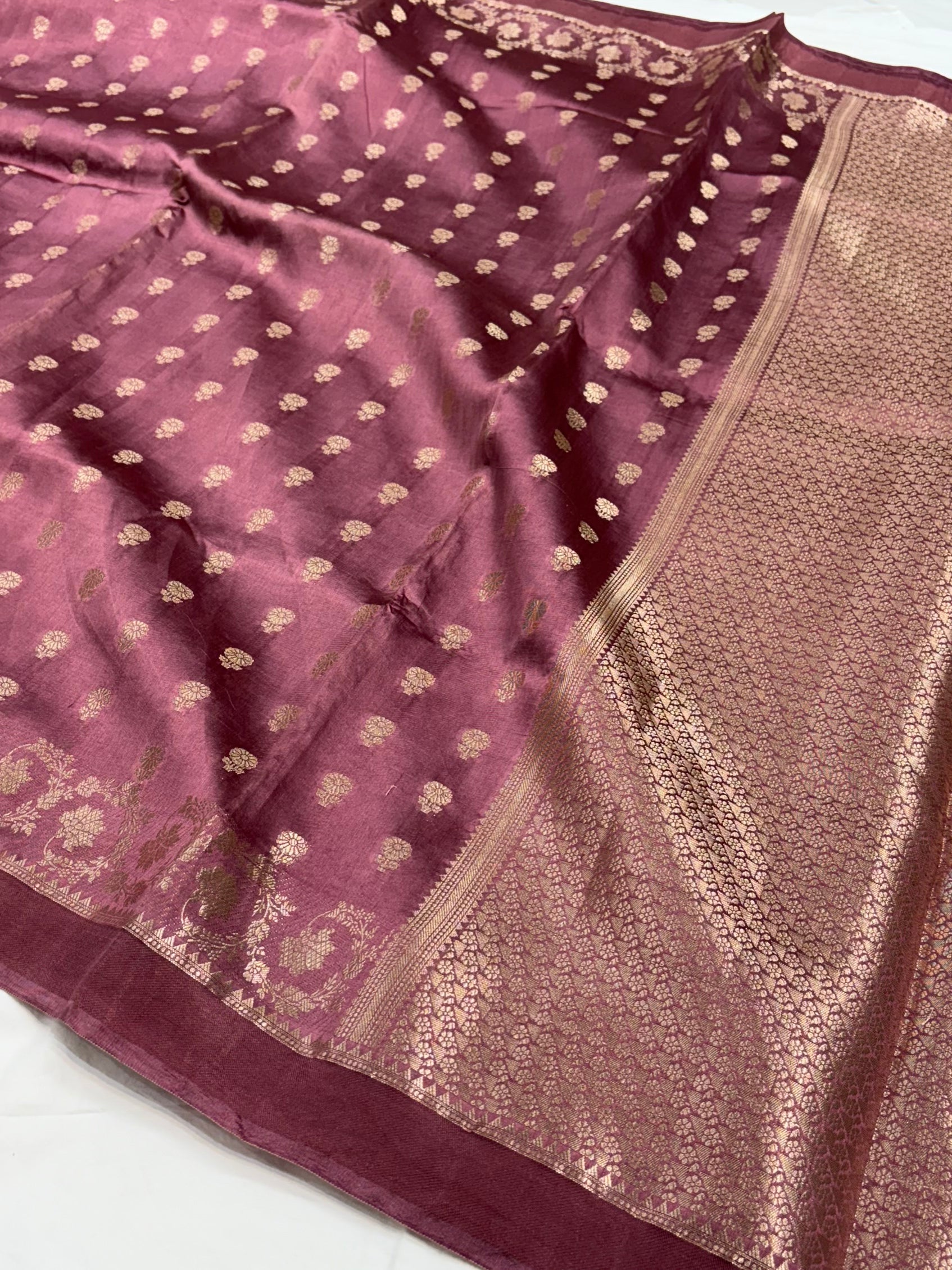 Mauve Flower Booti Pure Caramel Silk Saree