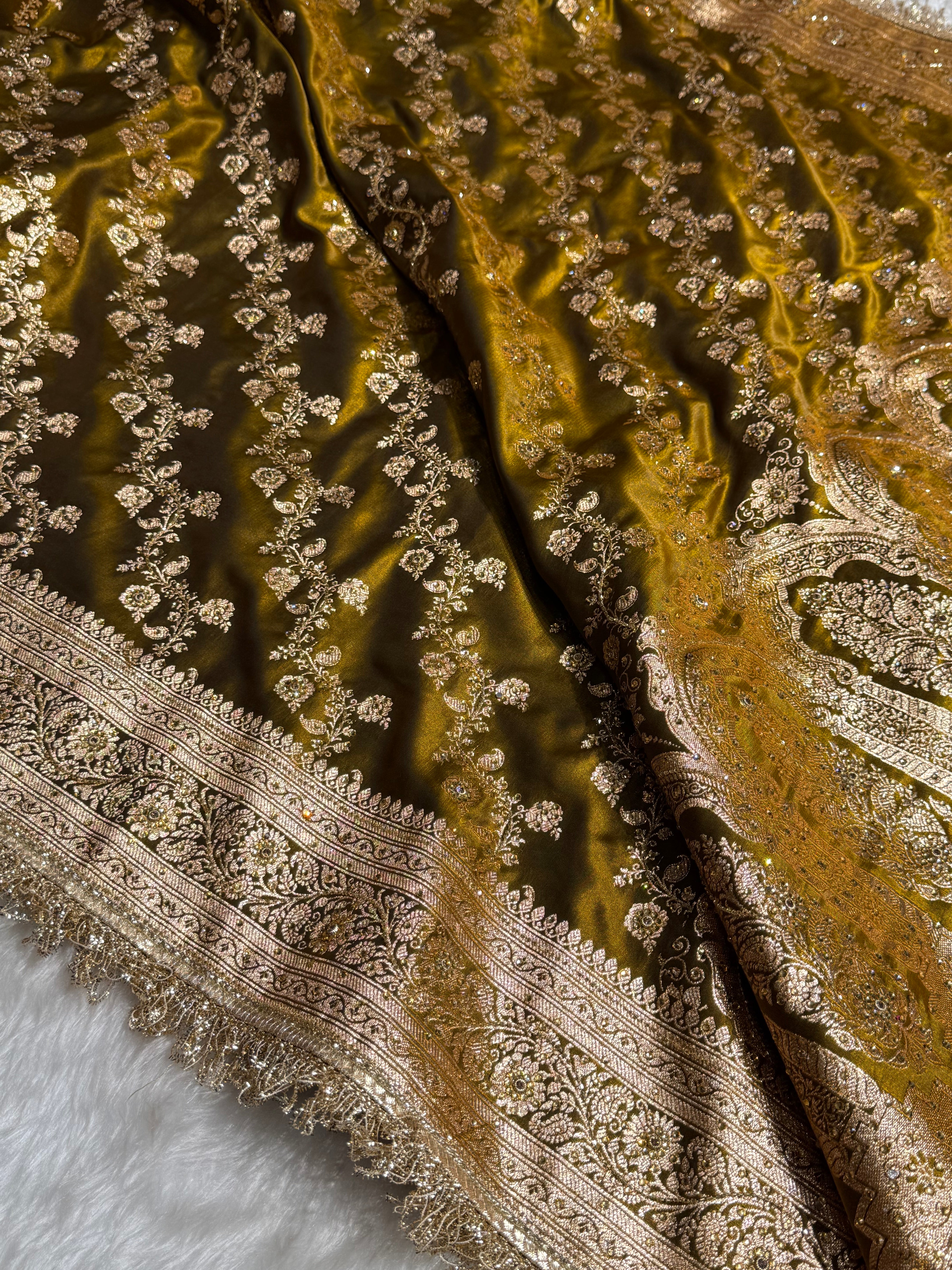 Bridal Mehandi Gold Cross Satin Silk with Ari and Stone work