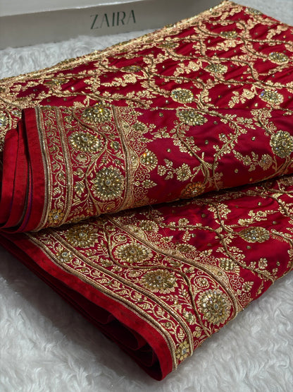 Magentic Red Shades Jaal Floral Pattern With Zardozi And Swarovski Stone Work Satin Katan Silk Saree BSK80