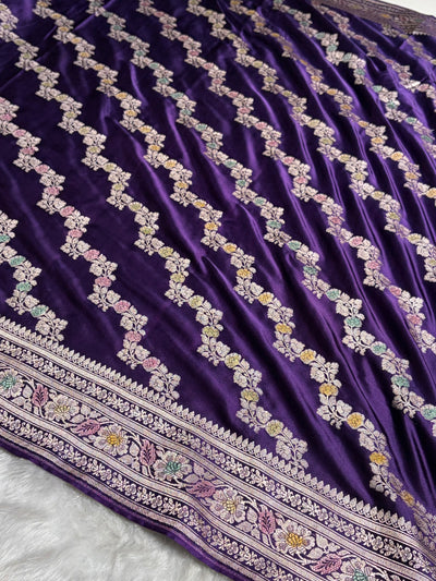 Purple Shades Banarasi Minakari Mashru Silk Saree With Cross Pattern MCS02