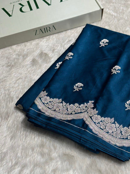 German Blue Shades Scallop Booti Mashru Silk Saree