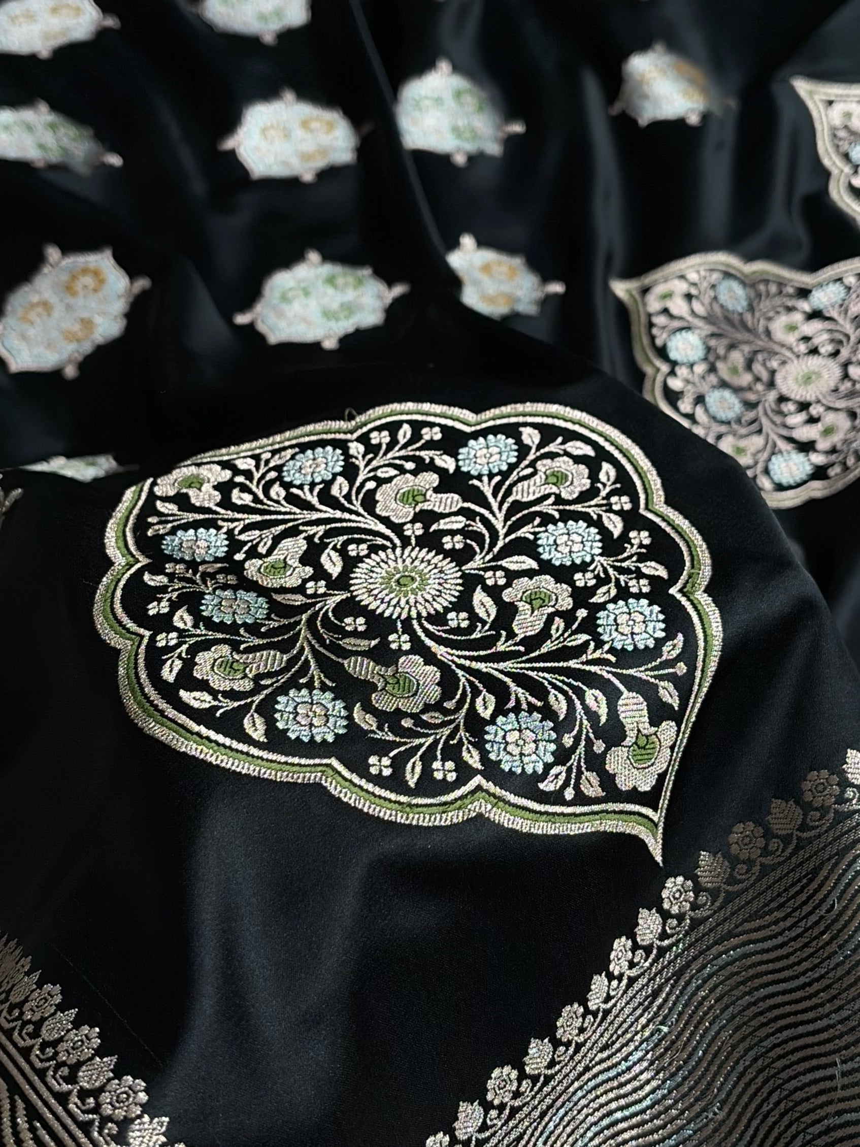 Premium Banarasi Satin Katan Saree Minakari Booti Pattern in Black Shades SK138