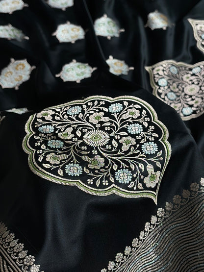 Premium Banarasi Satin Katan Saree Minakari Booti Pattern in Black Shades SK138