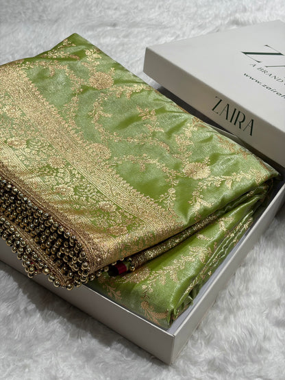 Satin Silk Jaal in Pista Shades With Gota Patti SSGP14