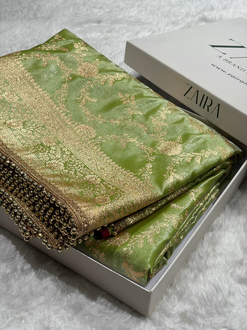 Satin Silk Jaal in Pista Shades With Gota Patti SSGP14