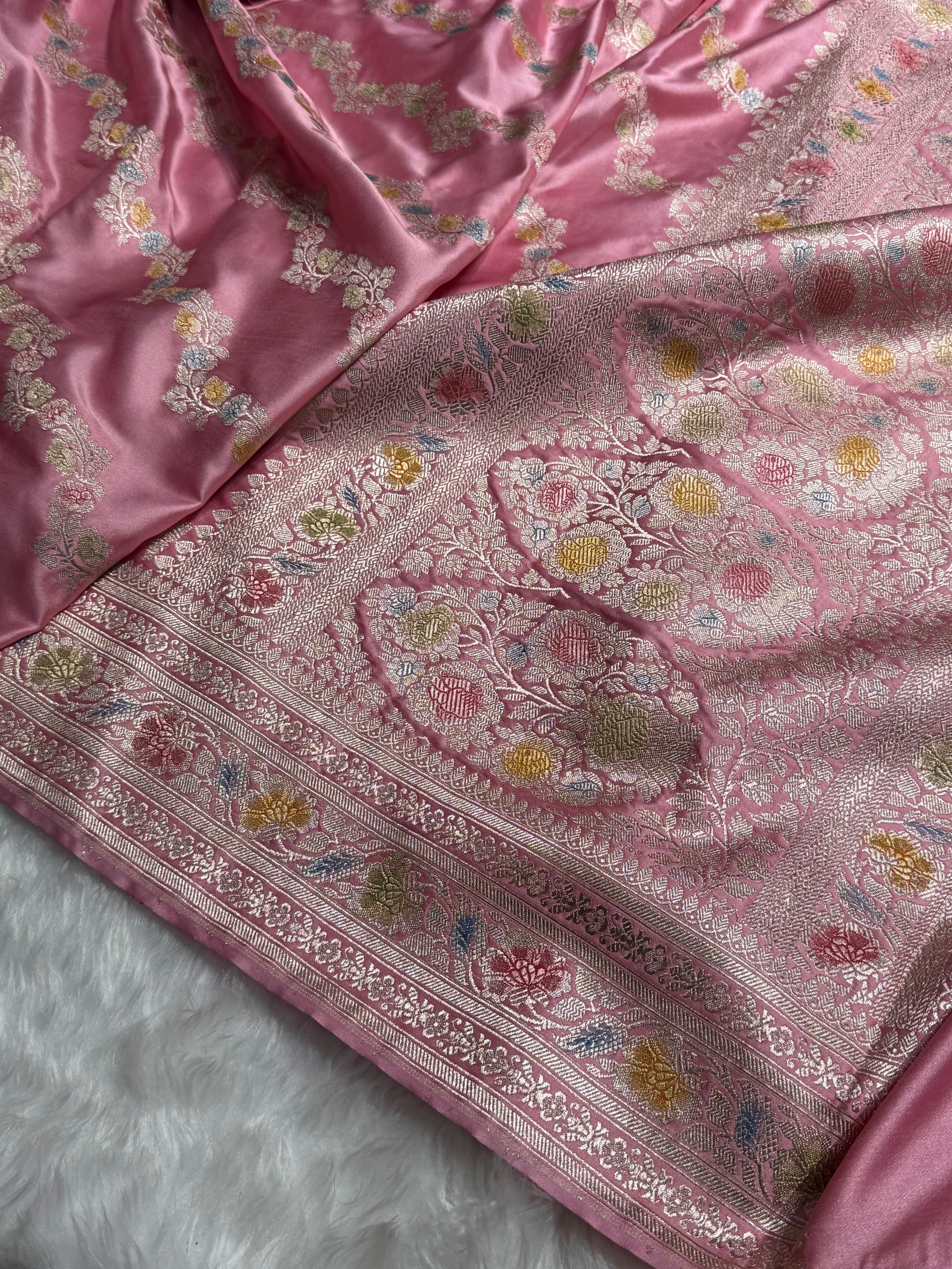 Blush Pink Banarasi Minakari Mashru Silk Saree With Cross Pattern MS02