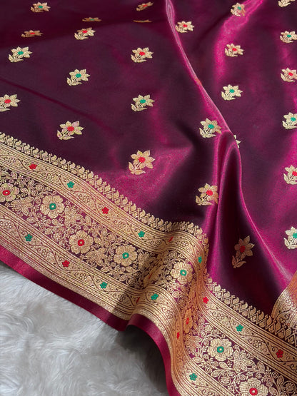 Wine Shades Minakari Boota Pattern Banarasi Satin Silk Saree SS44