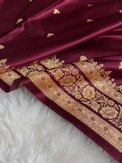 Banarasi Garnet Booti Pattern Satin Katan Silk Saree SK66