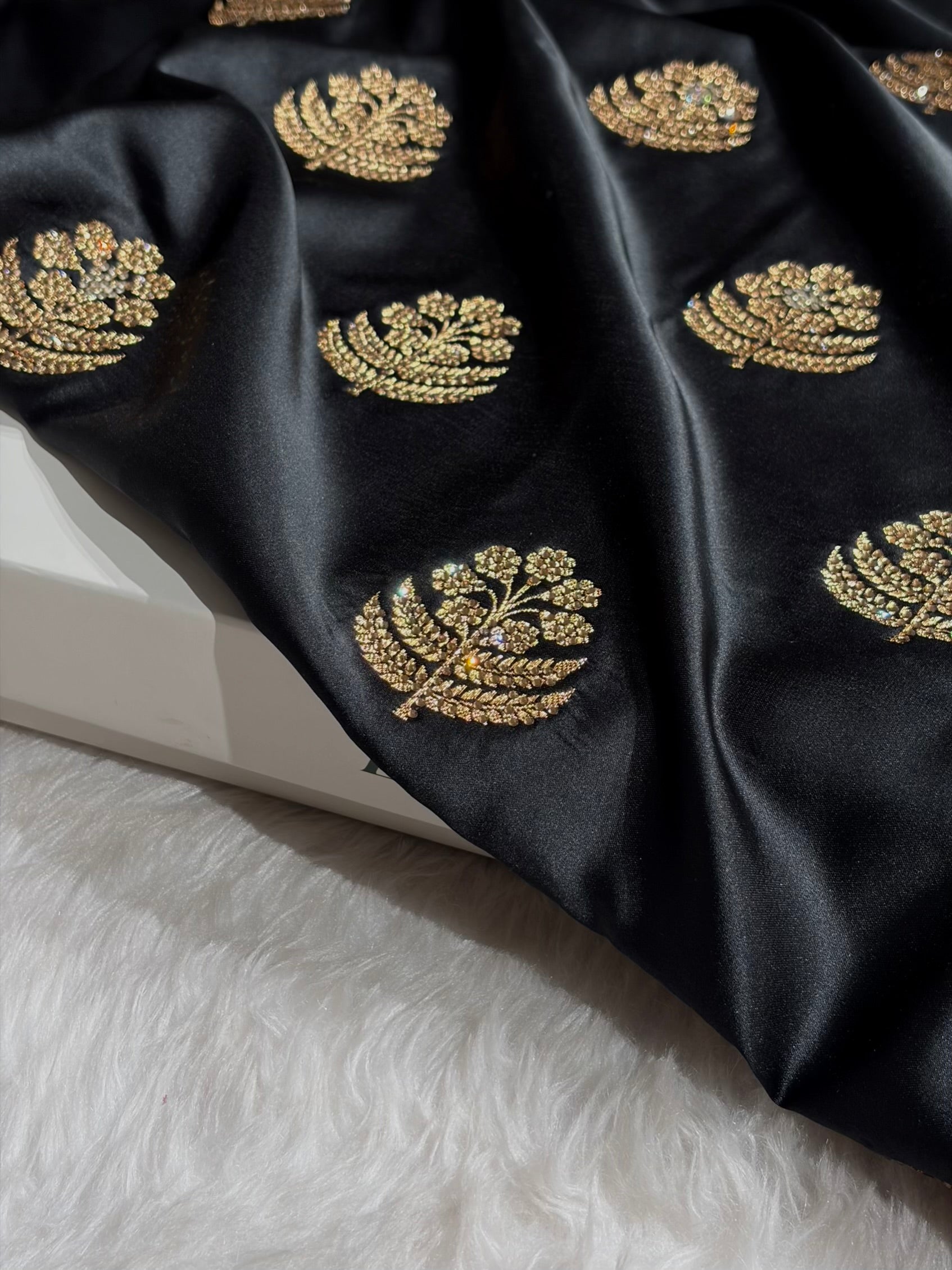 Black Unique Swarovski Stone Work Boota Pattern Satin Katan Silk Saree BSK70