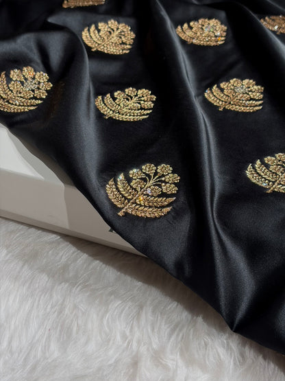 Black Unique Swarovski Stone Work Boota Pattern Satin Katan Silk Saree BSK70