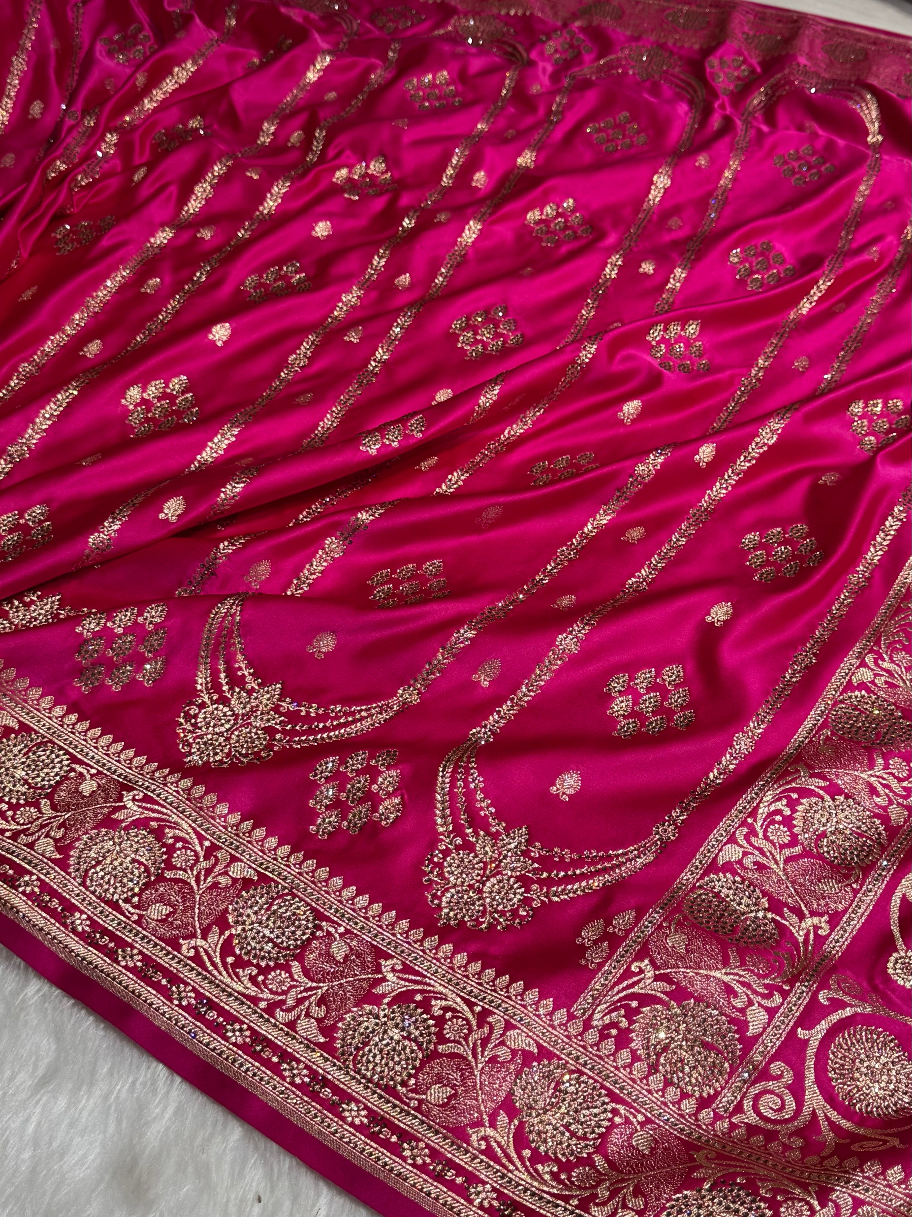 Rani Floral Boota Pattern With Siroski Stone Work Satin Katan Silk saree BSK39