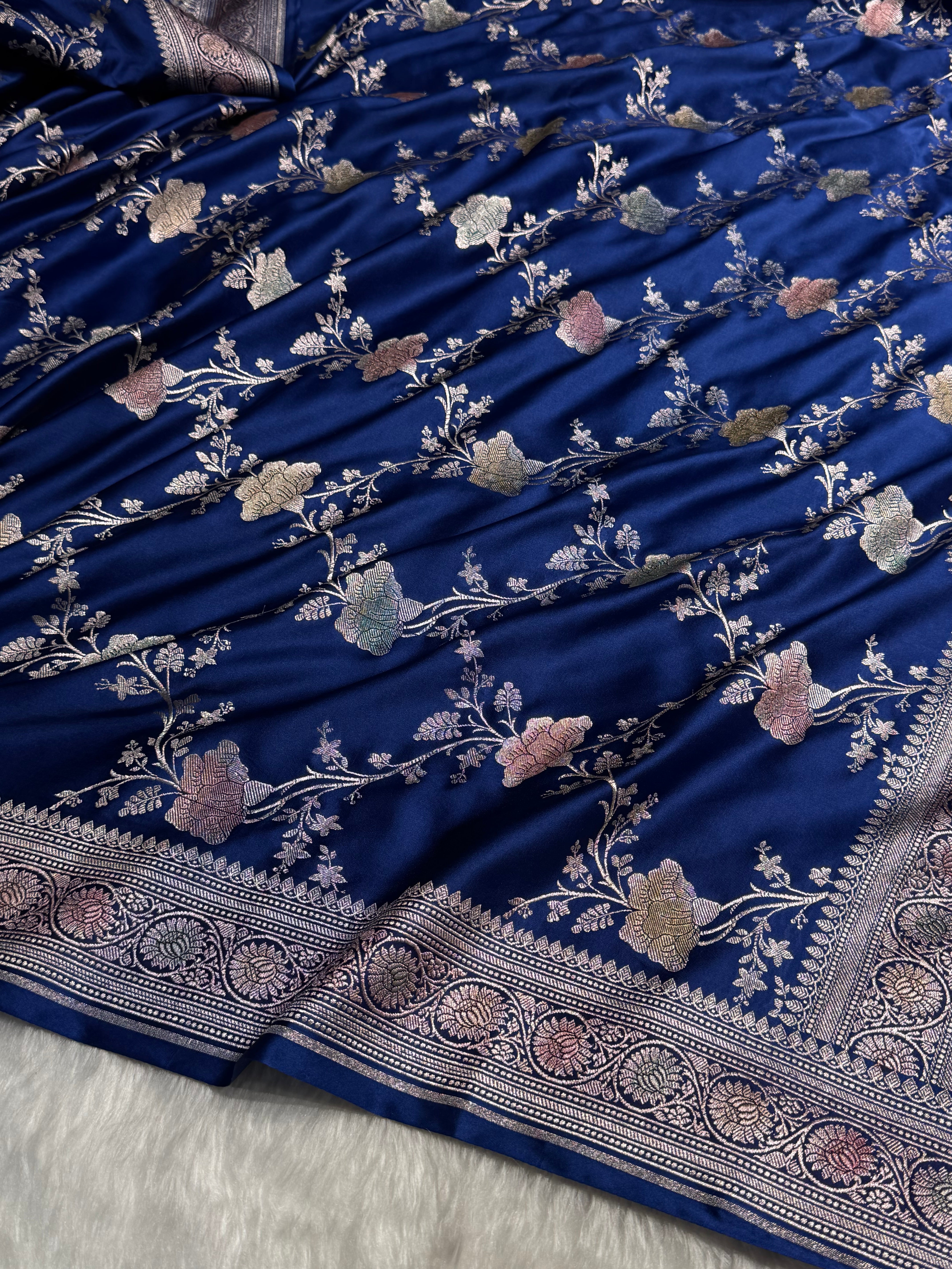 Banarasi Royal Blue Shades Jaal With Minakari Mashru Silk Saree