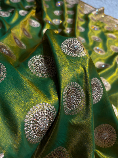 Liril Green Shades Banarasi With Swarovski Stone Work Satin Silk Saree BSS33