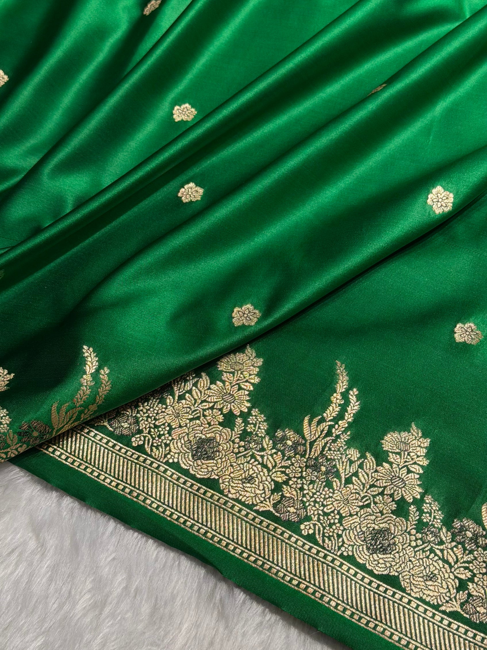 Banarasi Satin Katan Saree Booti Minakari Pattern in Bottle Green Shades SK136