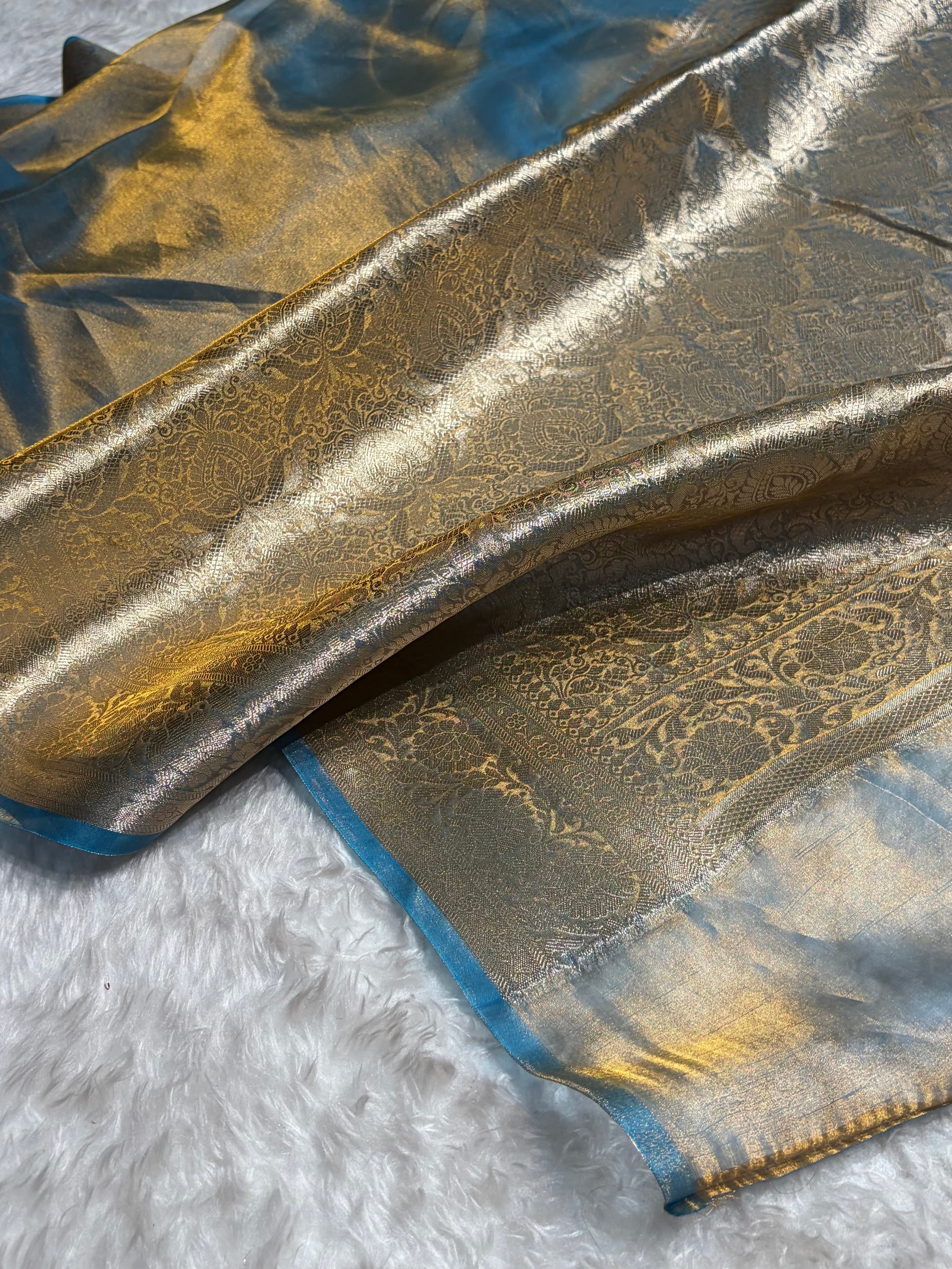 Goldish Firozi Shades Banarasi Pure Tissue Silk Saree with Brocade Blouse PT-18