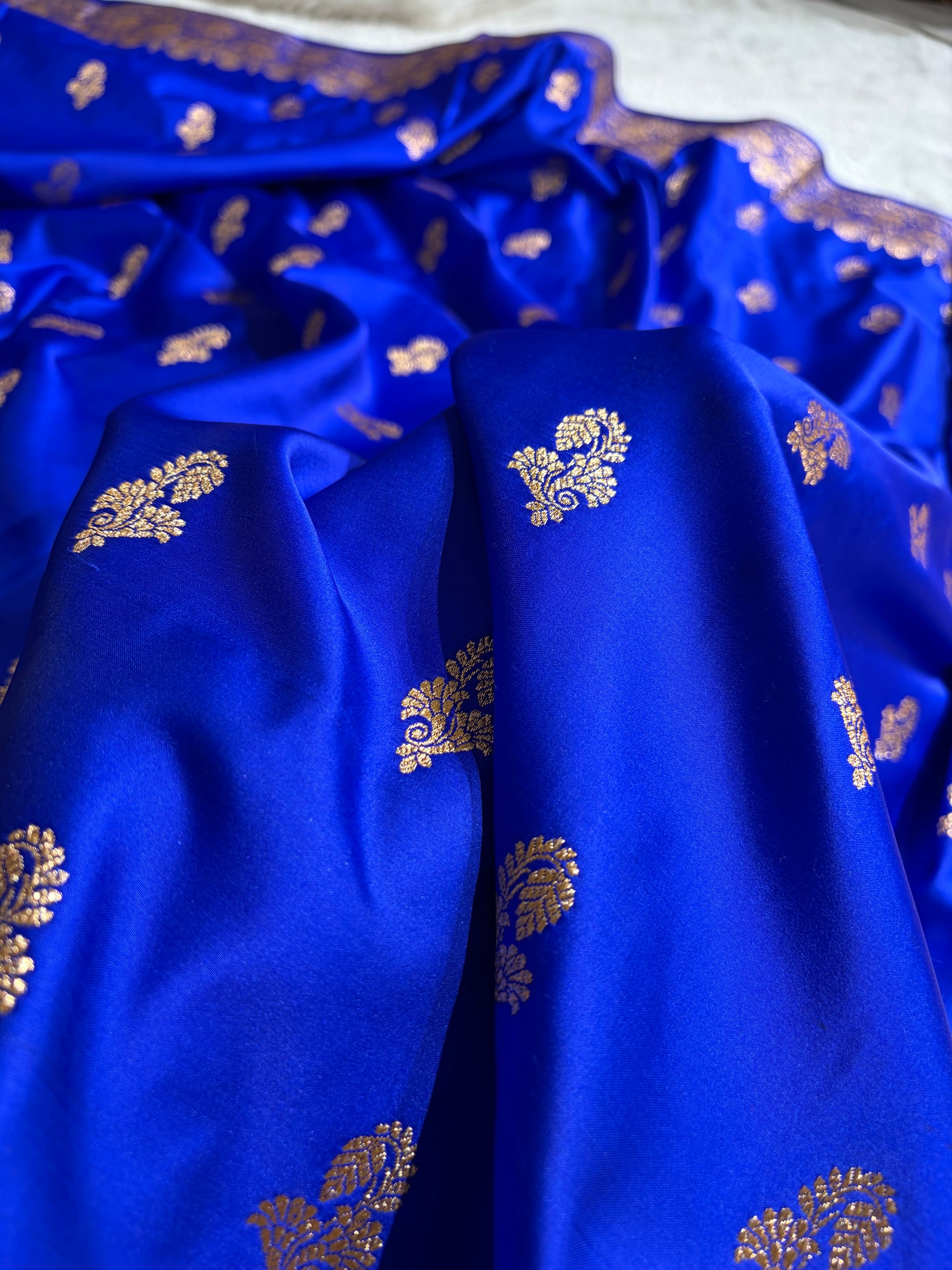 Royal Blue Shades Floral Booti Motif Satin Katan Silk saree SK61
