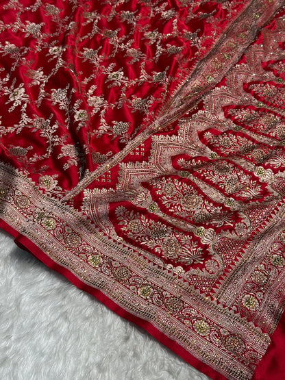 Red Mashru Silk with Ari and swarovski work