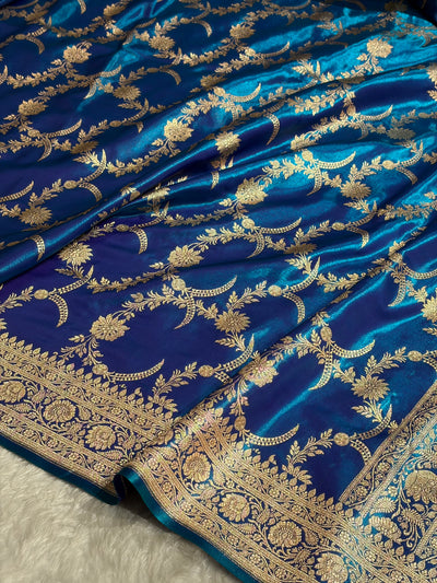Banarasi Satin Silk Banarasi Jaal In Cross Firozi Shades SS18