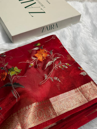 Maroon Shades With Floral Embroidered Pure Tissue Silk Saree with Brocade Blouse PTE-09