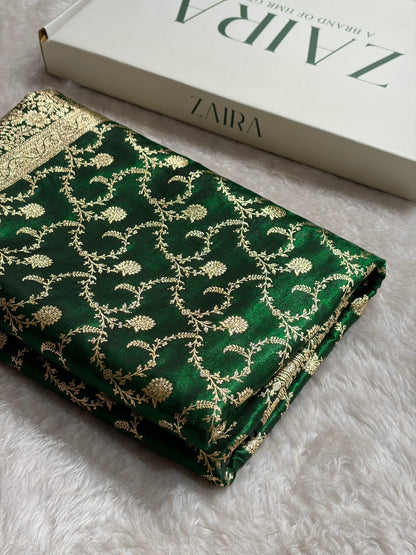 Bottle Green Shades Jaal Pattern Banarasi Satin Silk Saree SS43