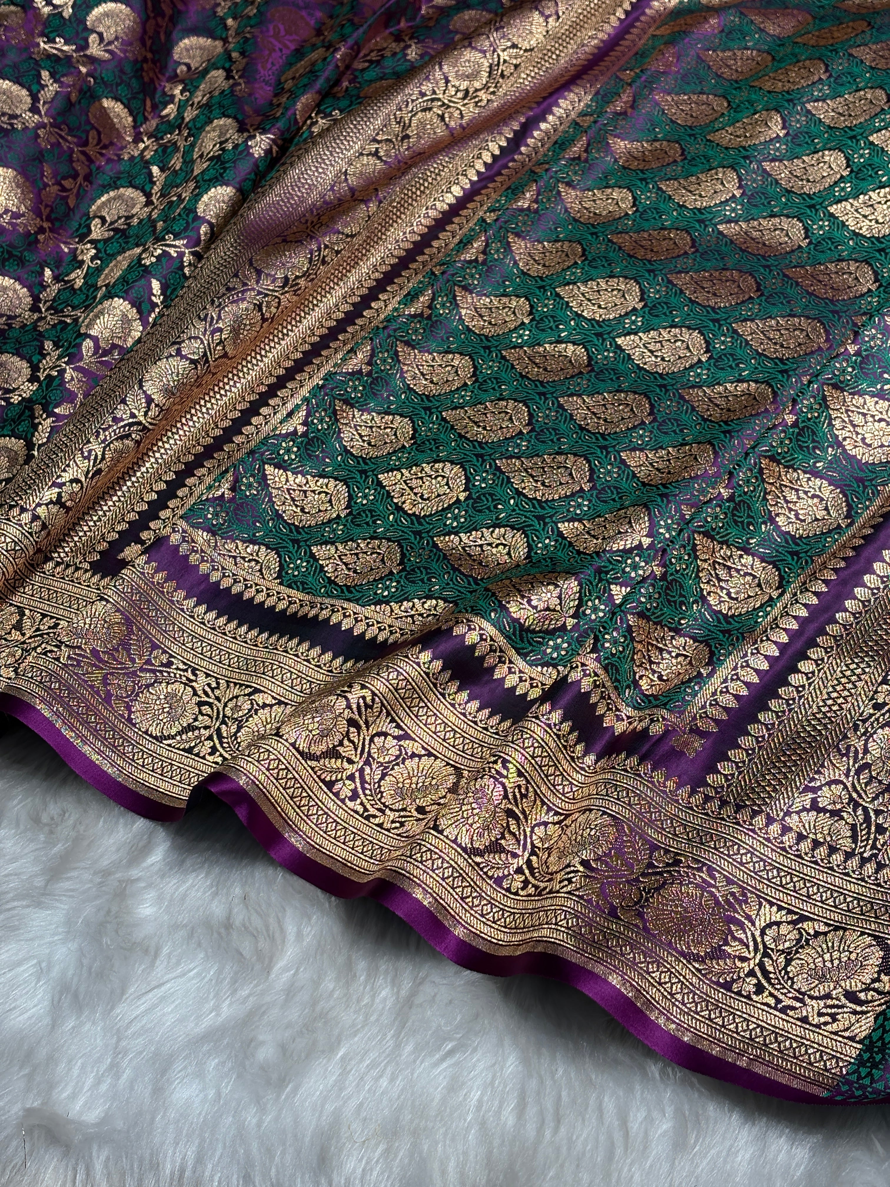 Purple With Green Tanchoi Satin Katan Silk Saree SKTM-05